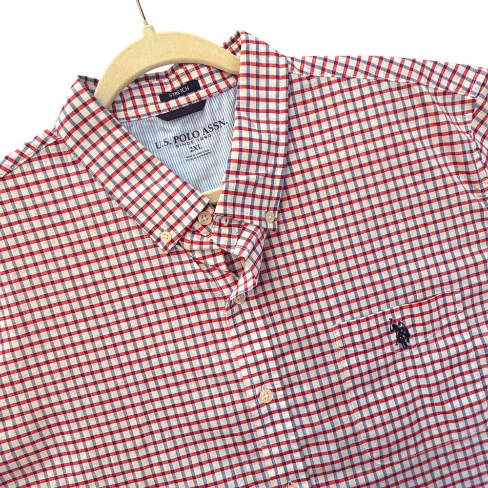 U.S. Polo Assn. Button Down Mens, 2XL Red White Blue Check Stretch Short Sleeve